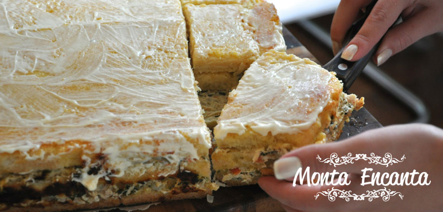 Torta de Pão de Forma de frango, gratinada ao forno!