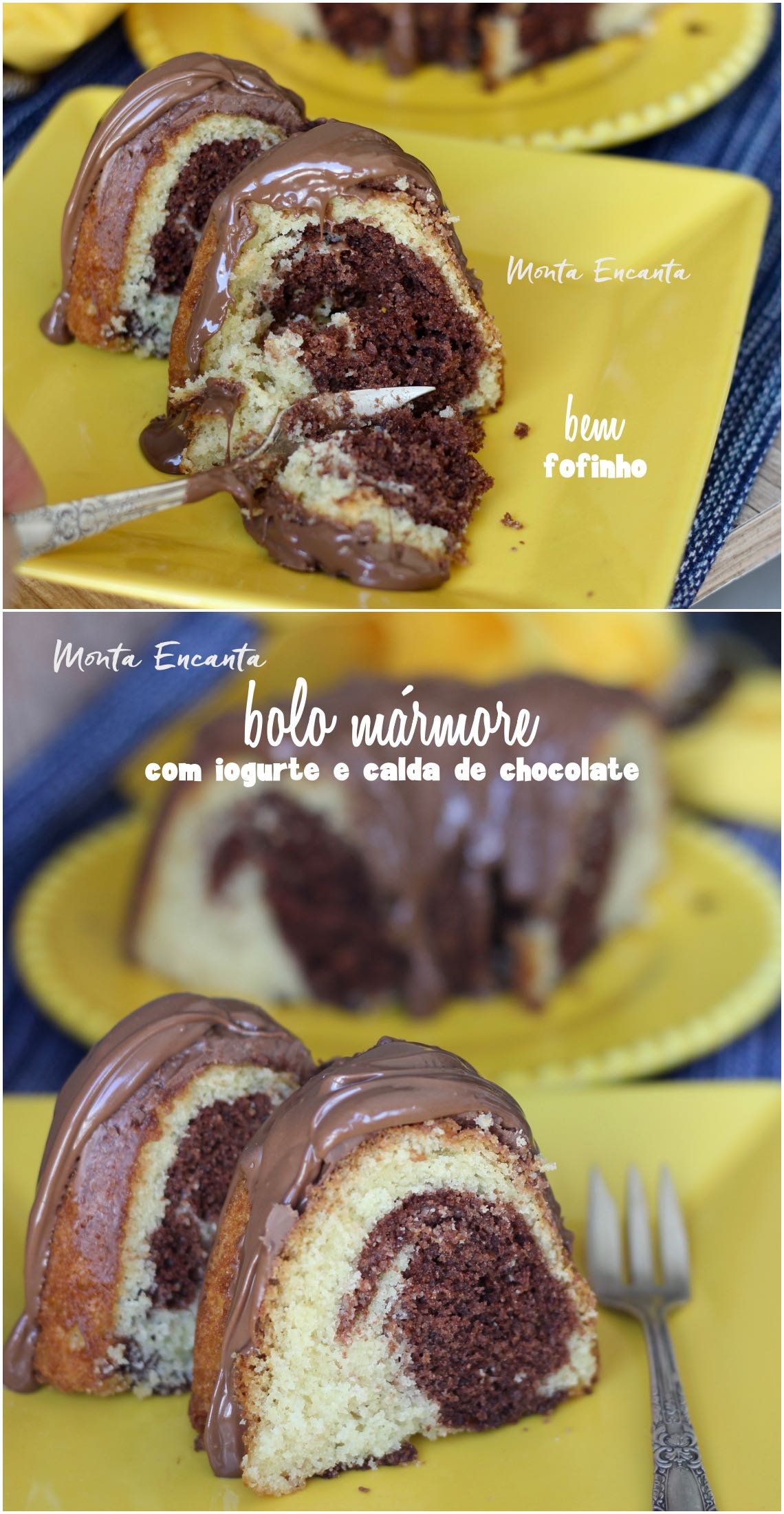 bolo mármore com iogurte e calda de chocolate derretido