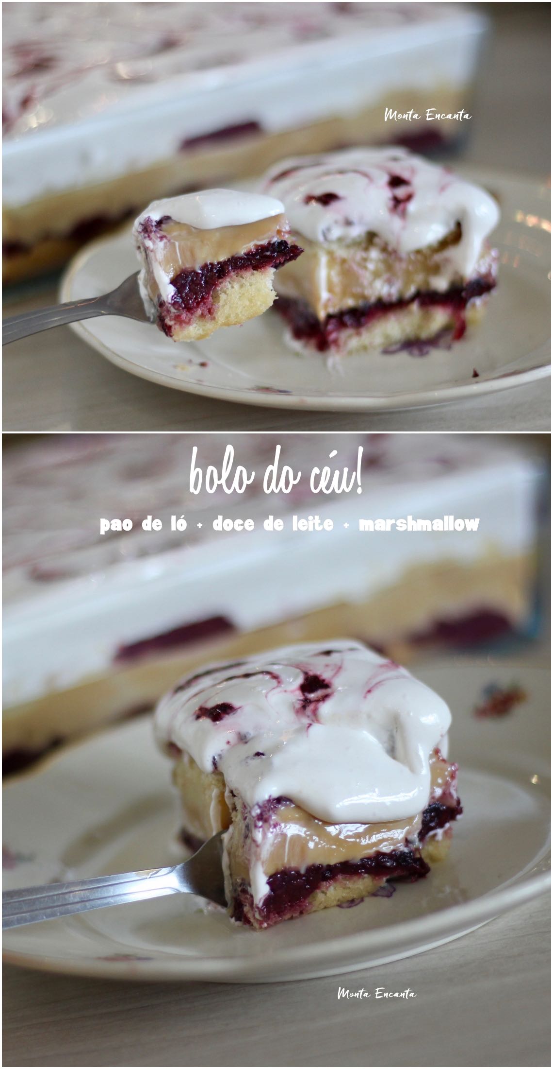 bolo do céu com doce de leite, frutas vermelhas e marshmallow caseiro