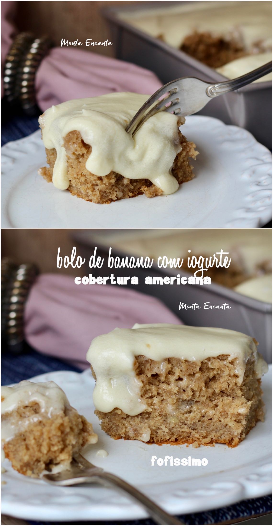 bolo de banana com iogurte, mascavo e cobertura americana