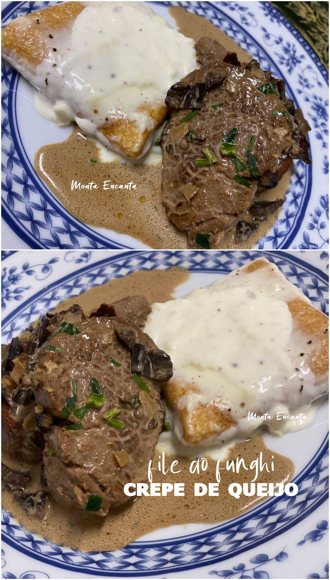 filé ao molho de funghi com crepe de queijo